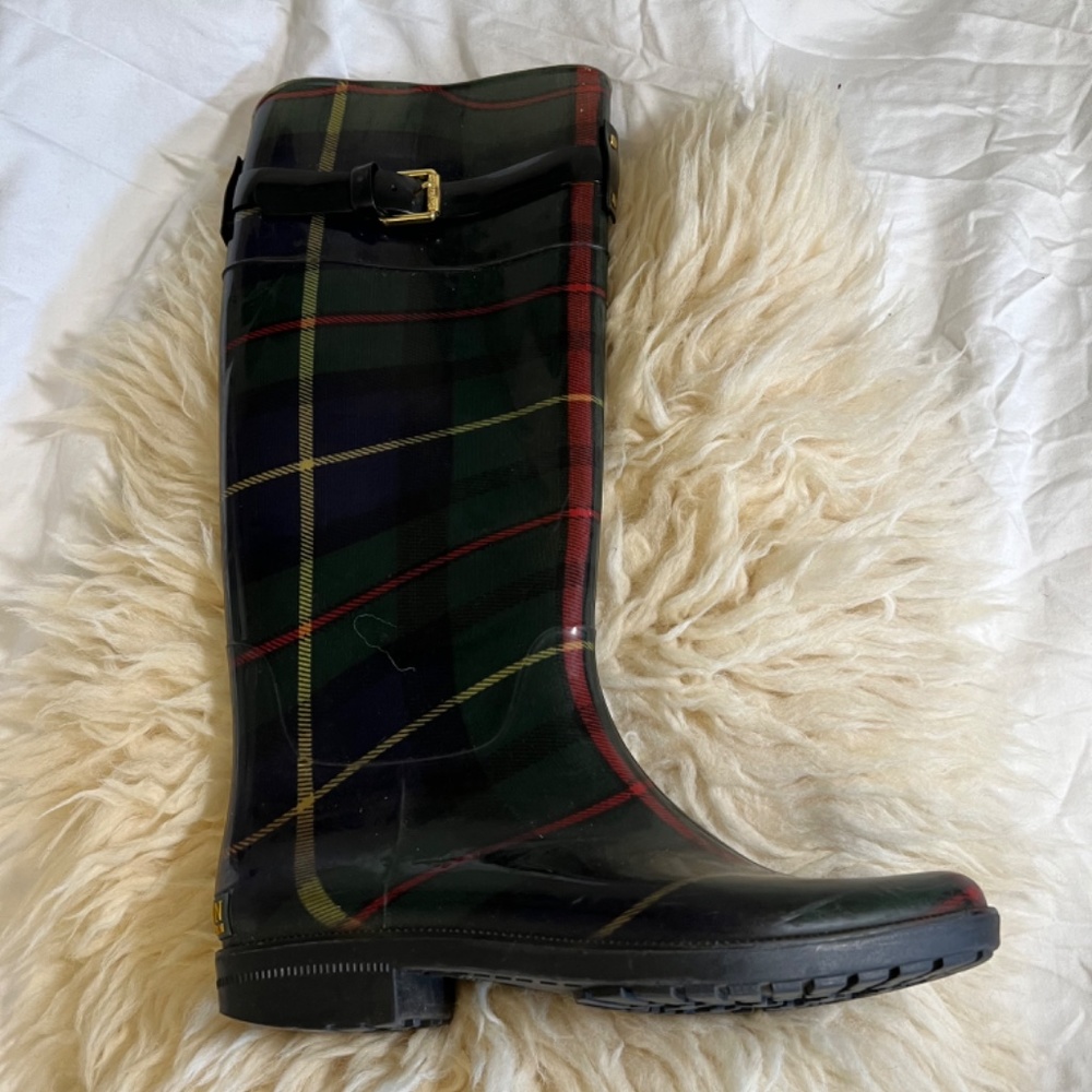 Ralph Lauren Rossalyn II Green Plaid Rubber Knee High Rain Boots | Women’s 8